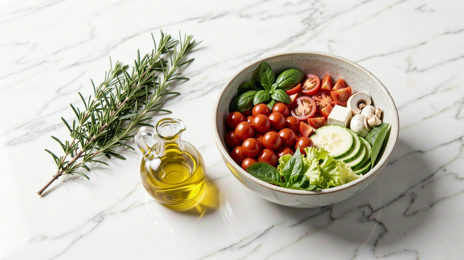 Ingredienti naturali freschi su superficie in marmo